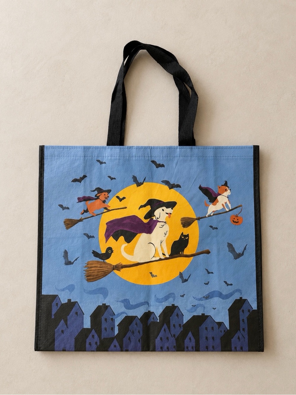 Dog witch print reusable tote bag